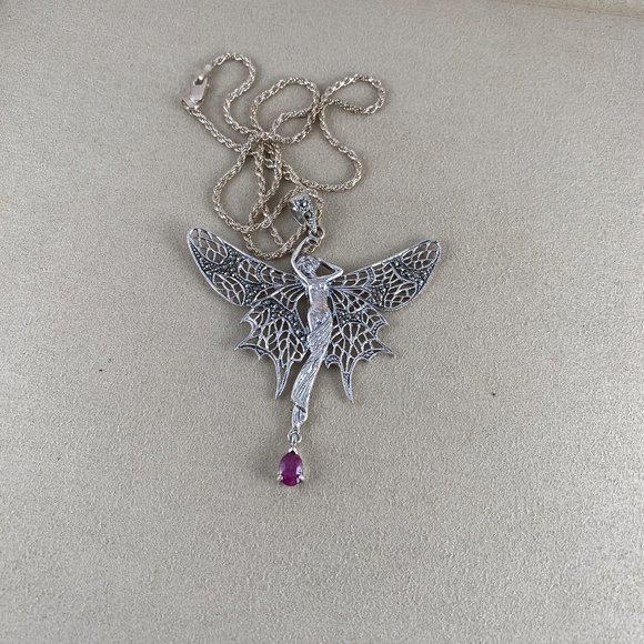 Whimsical Sterling Silver Faerie (Fairy) with Blood Red Ruby Drop Necklace - Picture 4 of 8